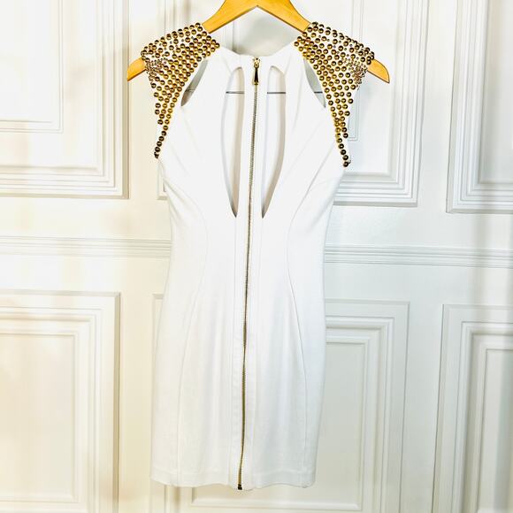 BEBE Addiction White Bodycon Mini with Gold Studded Shoulders XS - Picture 7 of 11